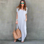 Back view of v-neck maxi dress showing sleeve and dress fit