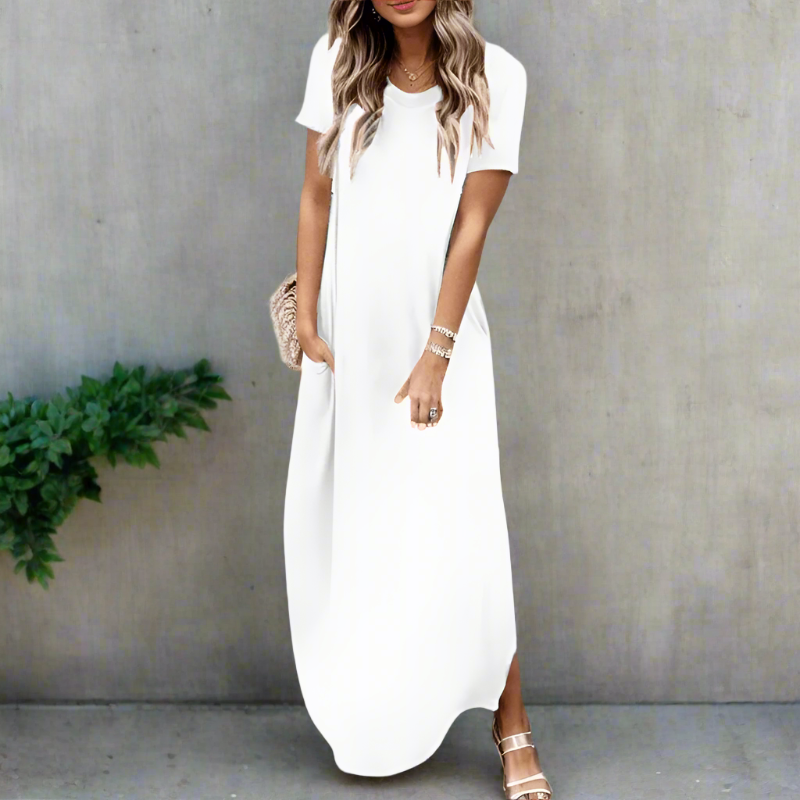 Women's v-neck short sleeve maxi dress in cotton blend, full length front view