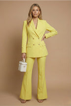 Three-quarter angle view of complete suit set on model