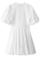 Back view of white embroidered lace mini dress