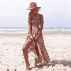 Model in shirred bodice floral dress, standing pose from side