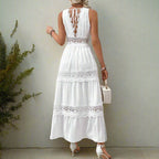 Close-up detail of lace inserts and tiered flared skirt