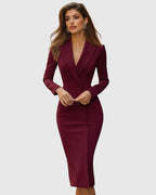 Model in blazer midi dress, seated pose for formal look