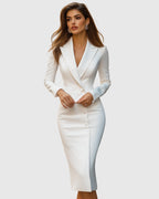 Blazer midi dress worn in standing pose, side angle