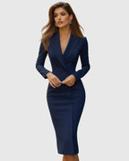 Close-up of dress hem and midi length on model