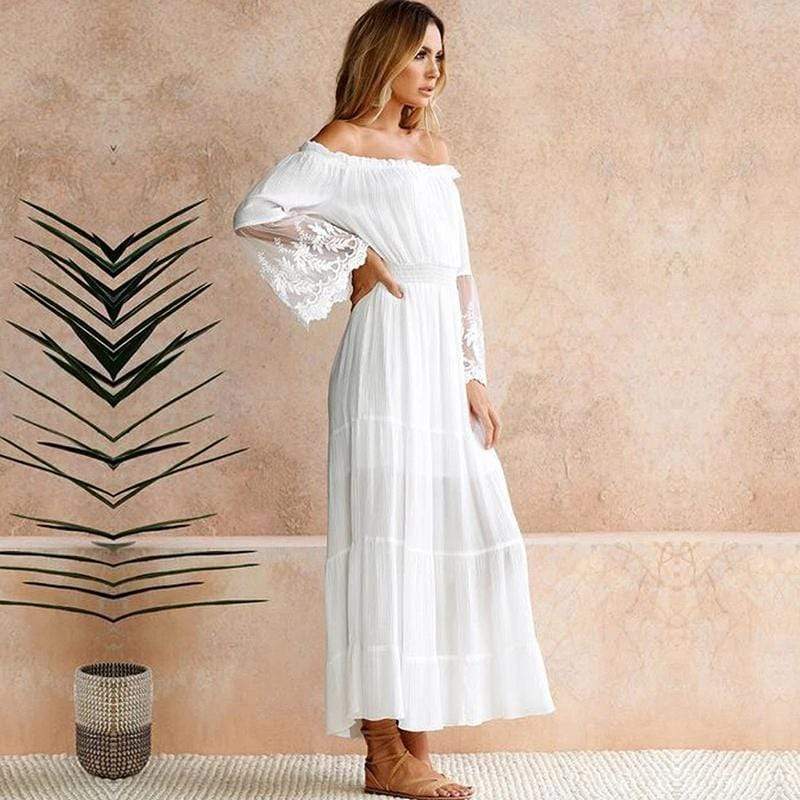 Close-up of delicate lace bell sleeve on off-shoulder dress