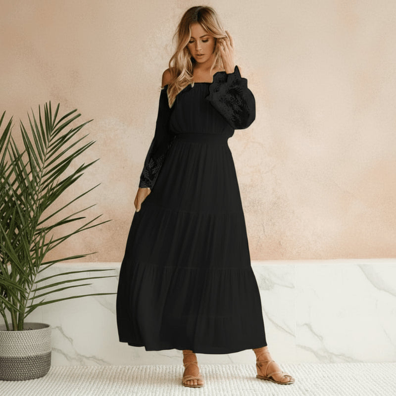 Woman wearing dress at three-quarter angle, full length view