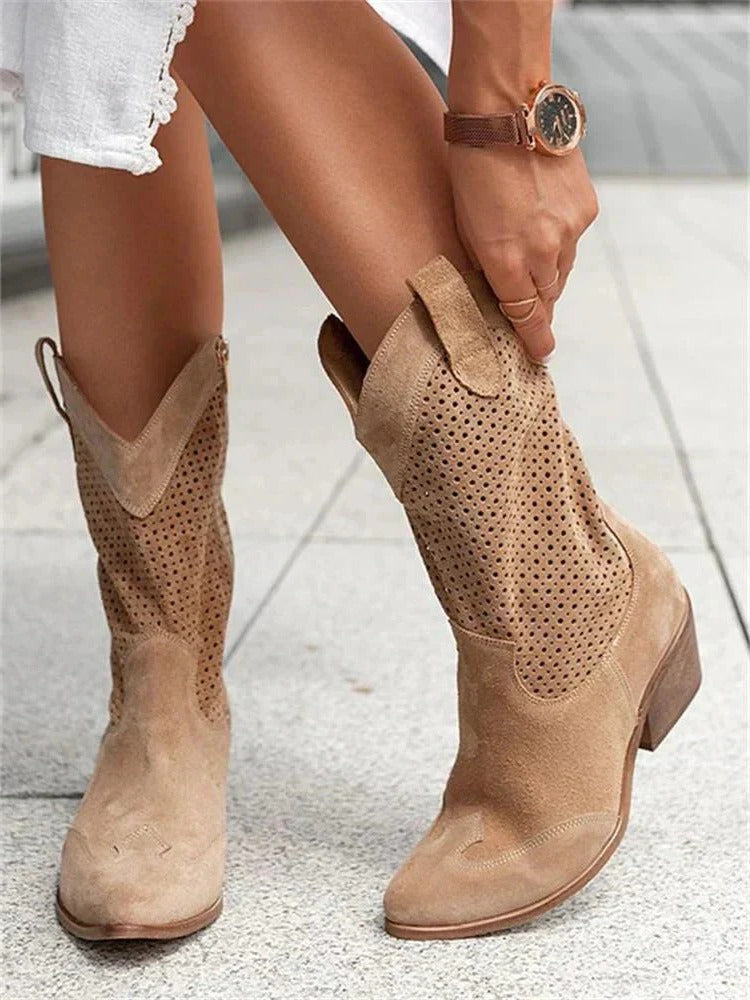 Close-up of laser-cut perforated shaft detail on cowboy boot