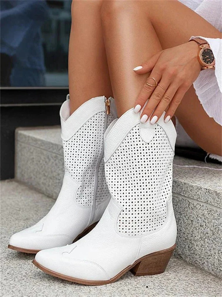 Women's perforated block heel cowboy boots with laser-cut detailing, side view