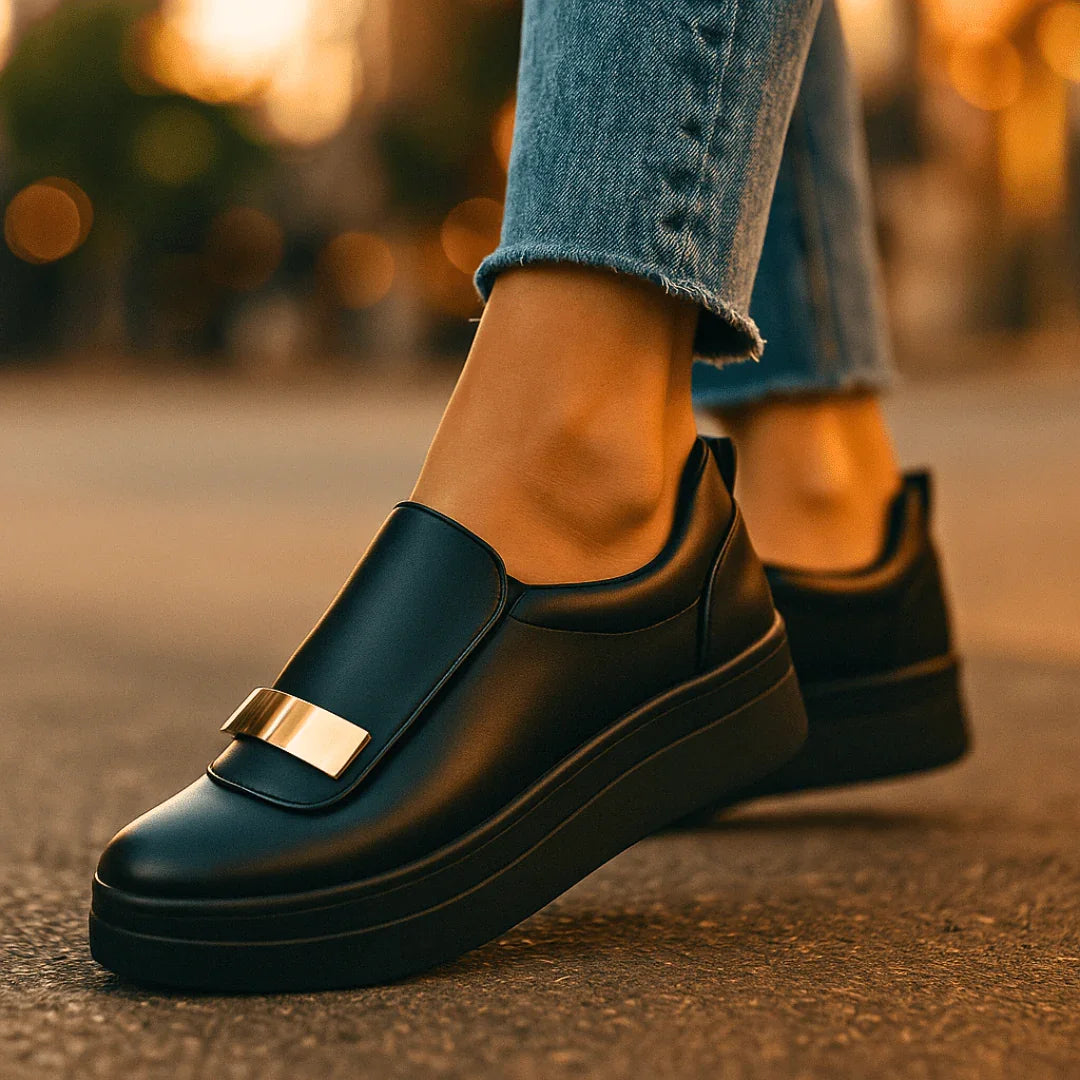 Close-up of gold-tone metal bar accent on loafer upper