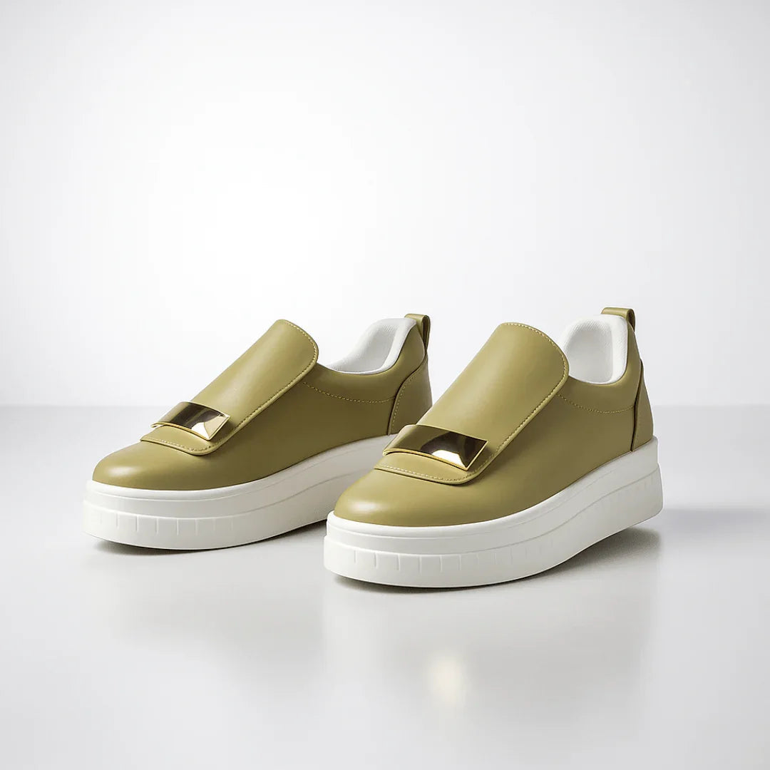 Model wearing loafers, walking pose showing silhouette