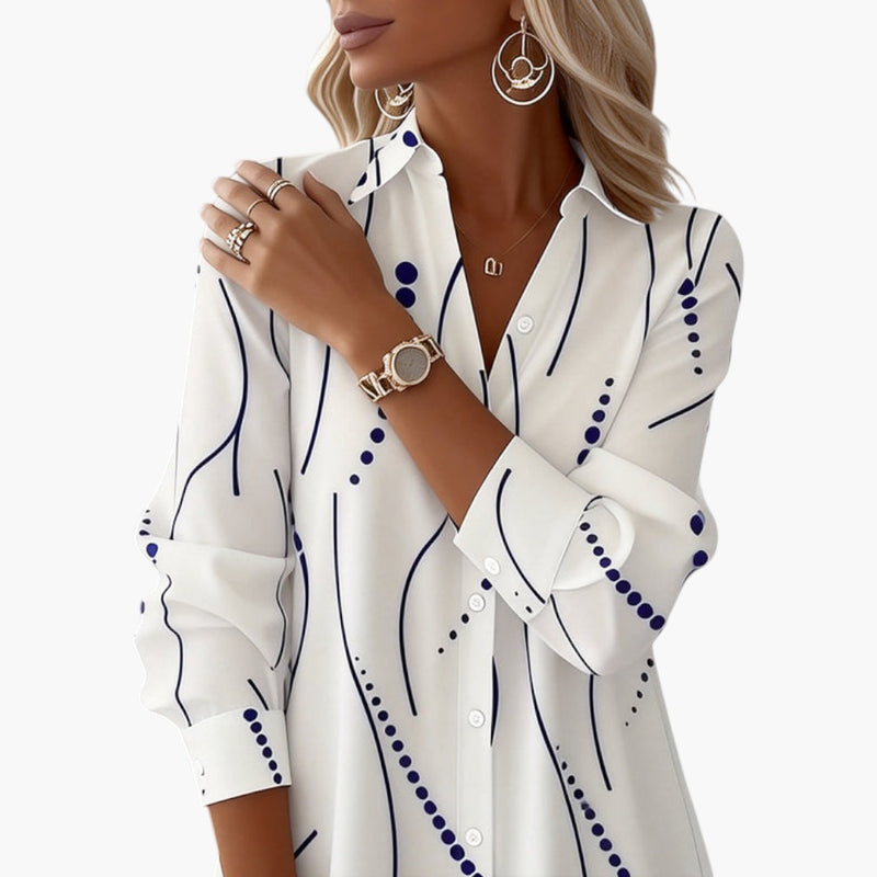 Women's White Print Long Sleeve Collared Shirt Midi Dress