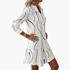Women's White Print Long Sleeve Collared Shirt Midi Dress