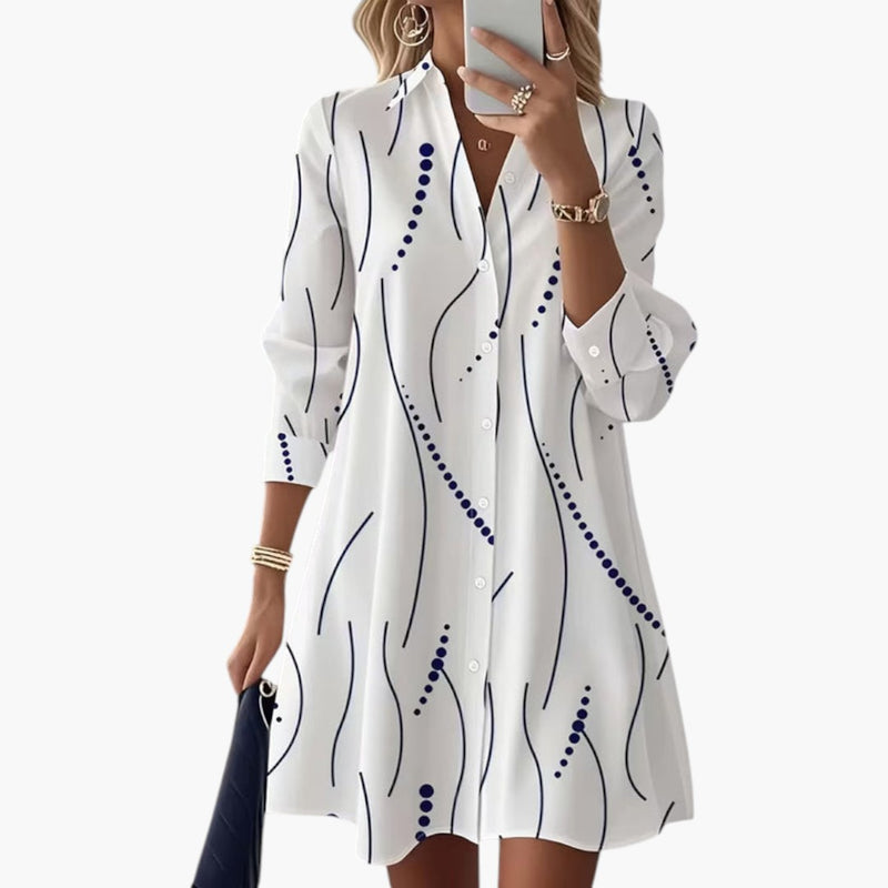 Women's White Print Long Sleeve Collared Shirt Midi Dress