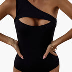 Back view of asymmetric one shoulder swimsuit on model