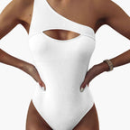 Women's ribbed one shoulder cutout swimsuit, front view on model