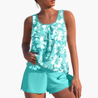 Women's aqua floral tankini set with matching swim shorts, front view