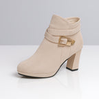 Top-down view of suede ankle boot toe and platform detail