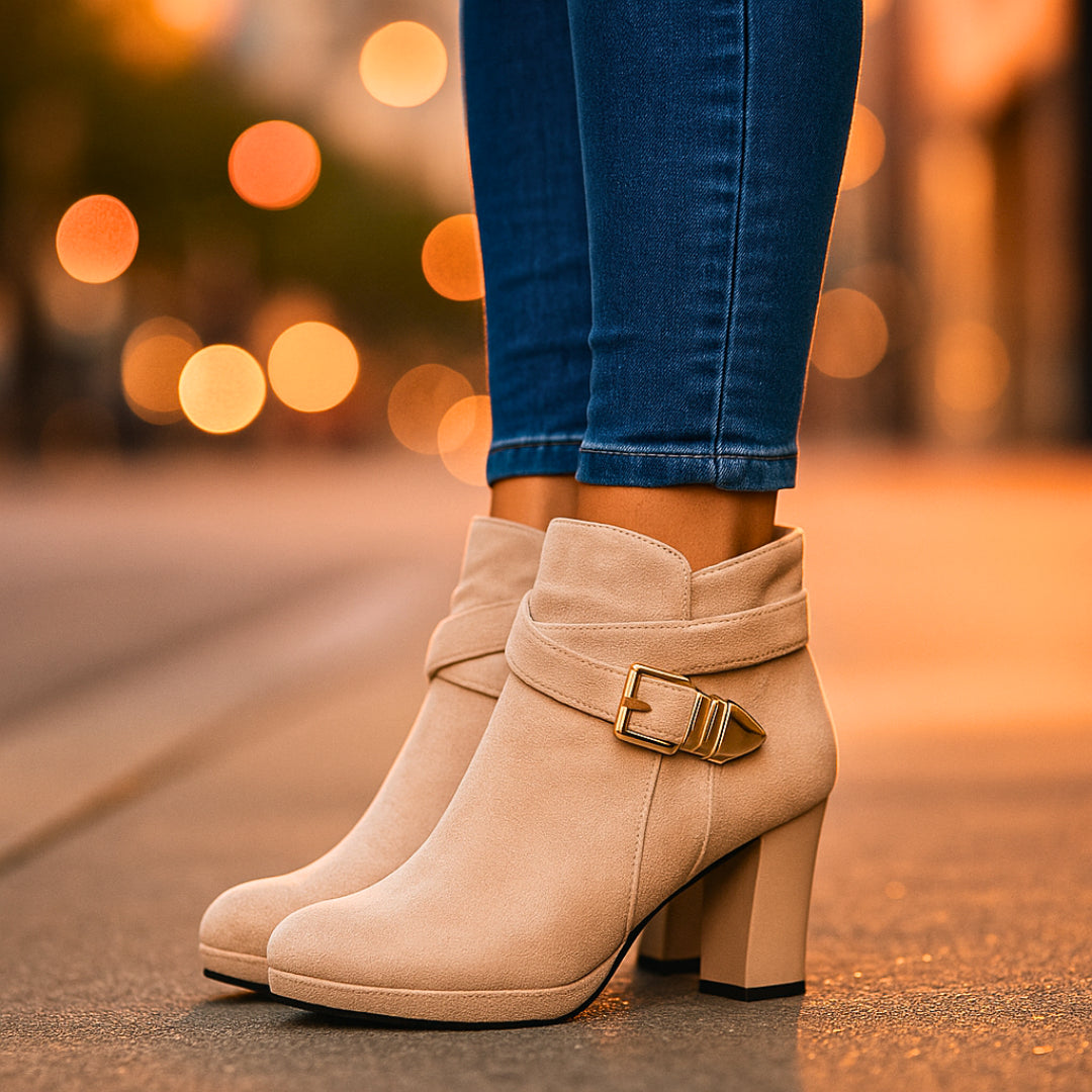 Beige suede platform ankle boots with block heel, front view
