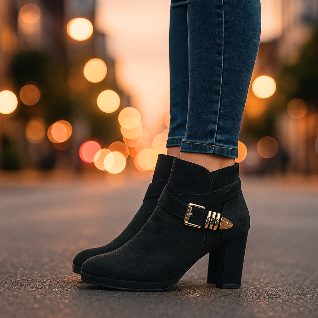 Model wearing beige suede ankle boots, standing pose
