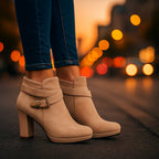 Side profile of suede ankle boot showing block heel and buckle strap