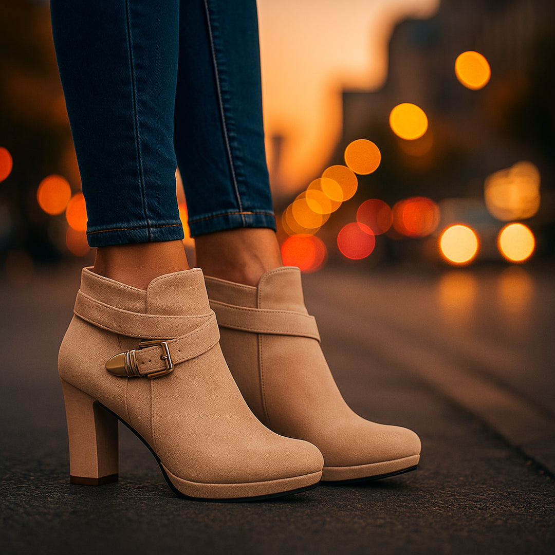 Side profile of suede ankle boot showing block heel and buckle strap