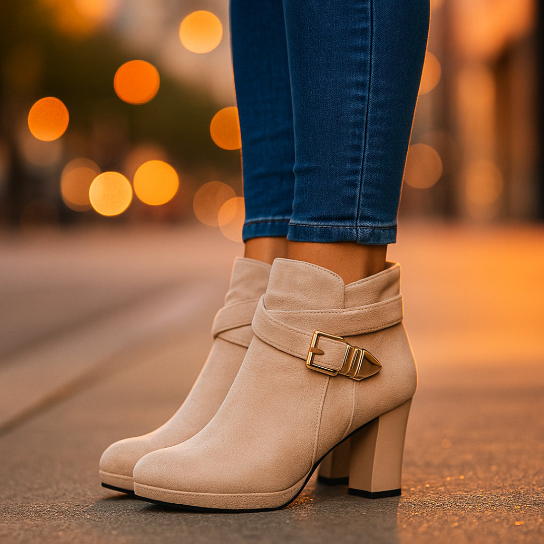 Close-up of wrapped buckle strap detail on ankle boot