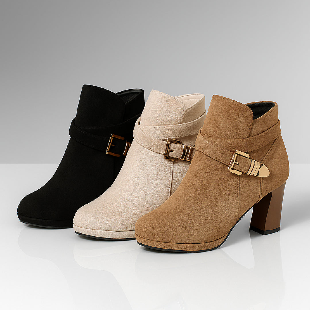 Rear view of suede ankle boot showing heel construction