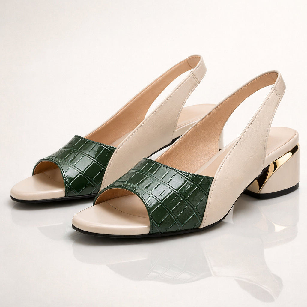 Woman wearing beige and green slingback heels, side profile stance