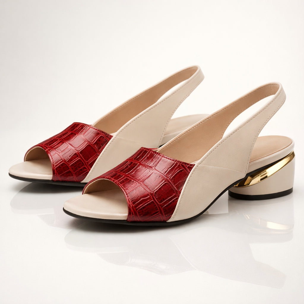 Slingback heel shown from heel angle, gold-tone detail visible