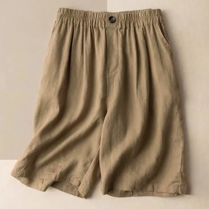 Women's linen wide leg shorts in natural tone, front view on white background