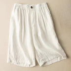 Front pocket detail on linen shorts