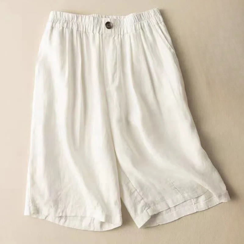 Front pocket detail on linen shorts