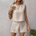 Women's linen sleeveless top and shorts set in neutral tone, front view