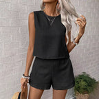 Side angle of linen shorts with elastic waist band