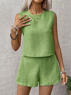 Back view of set showing keyhole neckline and shorts fit