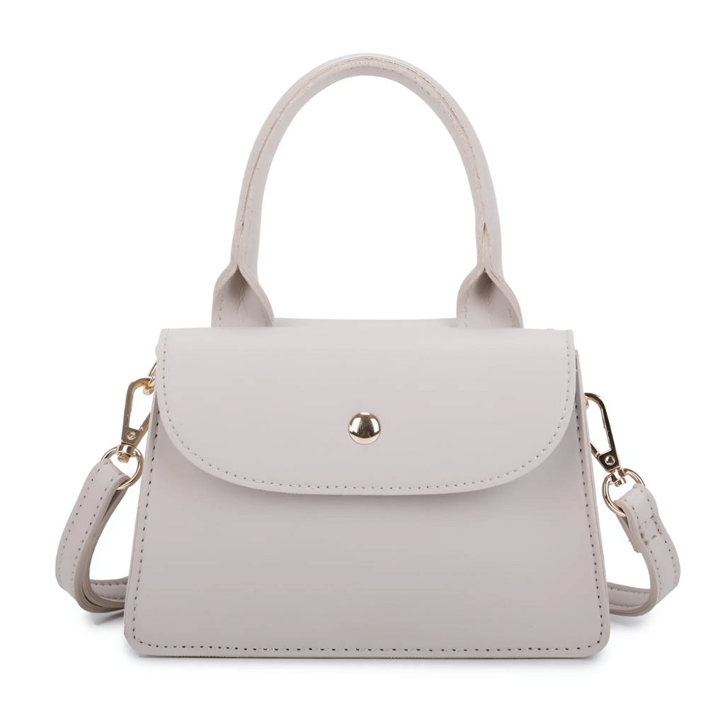 Women's structured mini handbag with flap closure and gold stud detail, front view