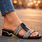 Front view of mule sandal showing open toe and dual upper straps