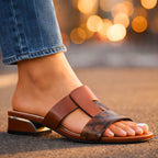 Side profile of mule sandal highlighting the 3.5cm block heel
