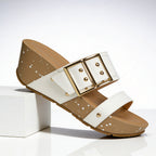 Model wearing speckled buckle wedge sandals, full-length standing pose