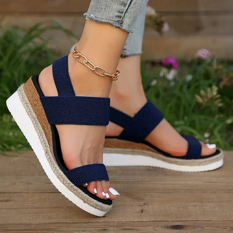 Back heel view of espadrille sandal with platform sole