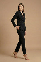 Close-up detail of shawl lapel and button fastening on blazer