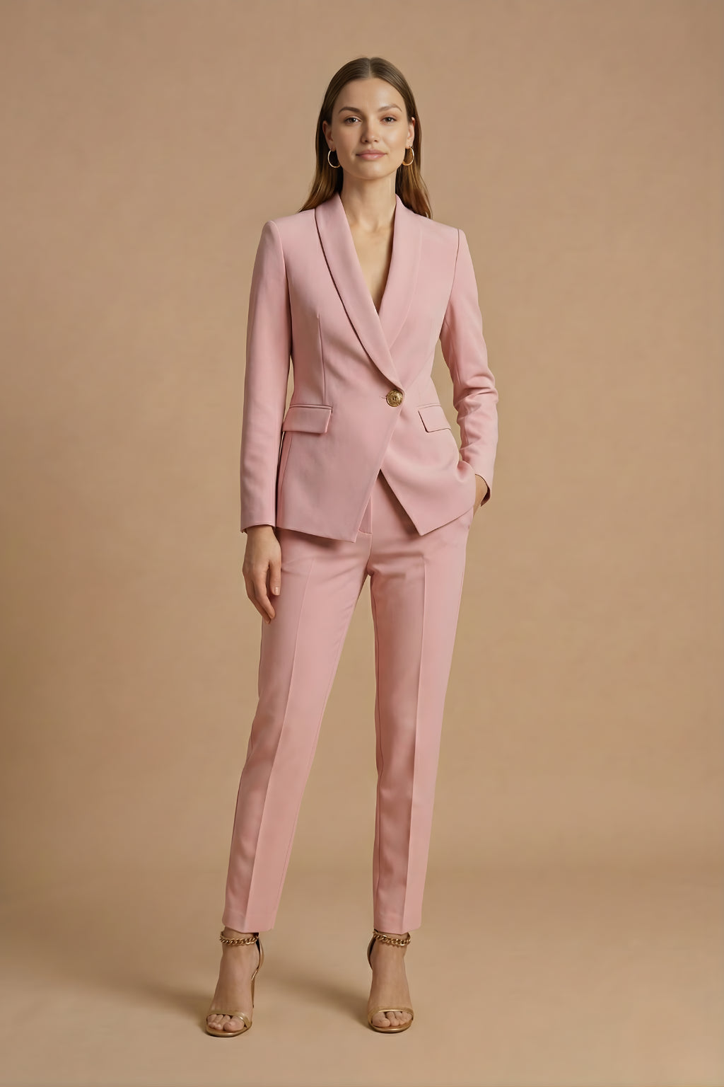 Back view of blazer and trousers set showing tailored silhouette