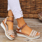 Model wearing beige wedge sandals, standing pose showing full shoe