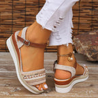 Close-up of woven detailing on toe strap and ankle buckle