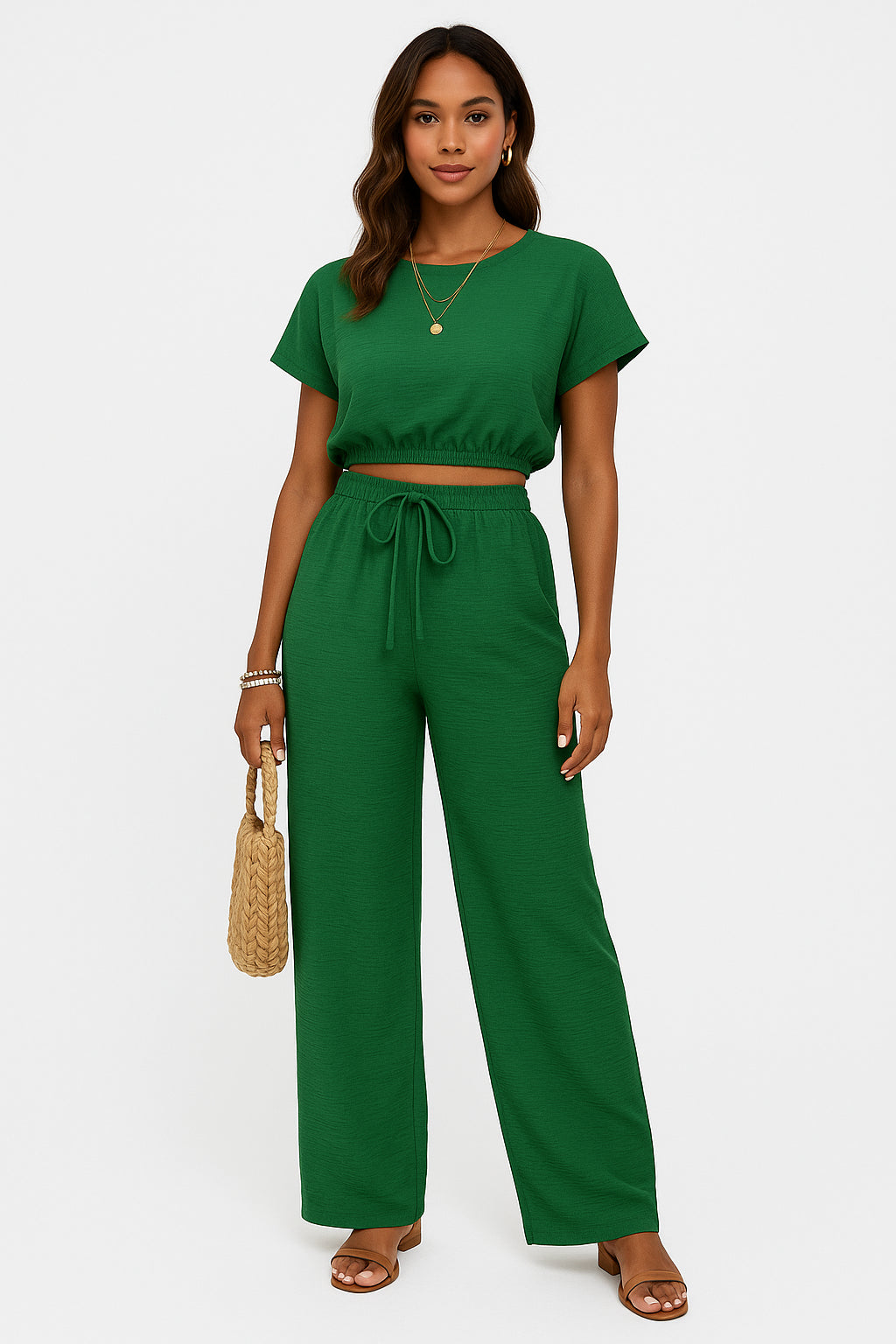 Wide leg trousers with adjustable drawstring waist, side angle