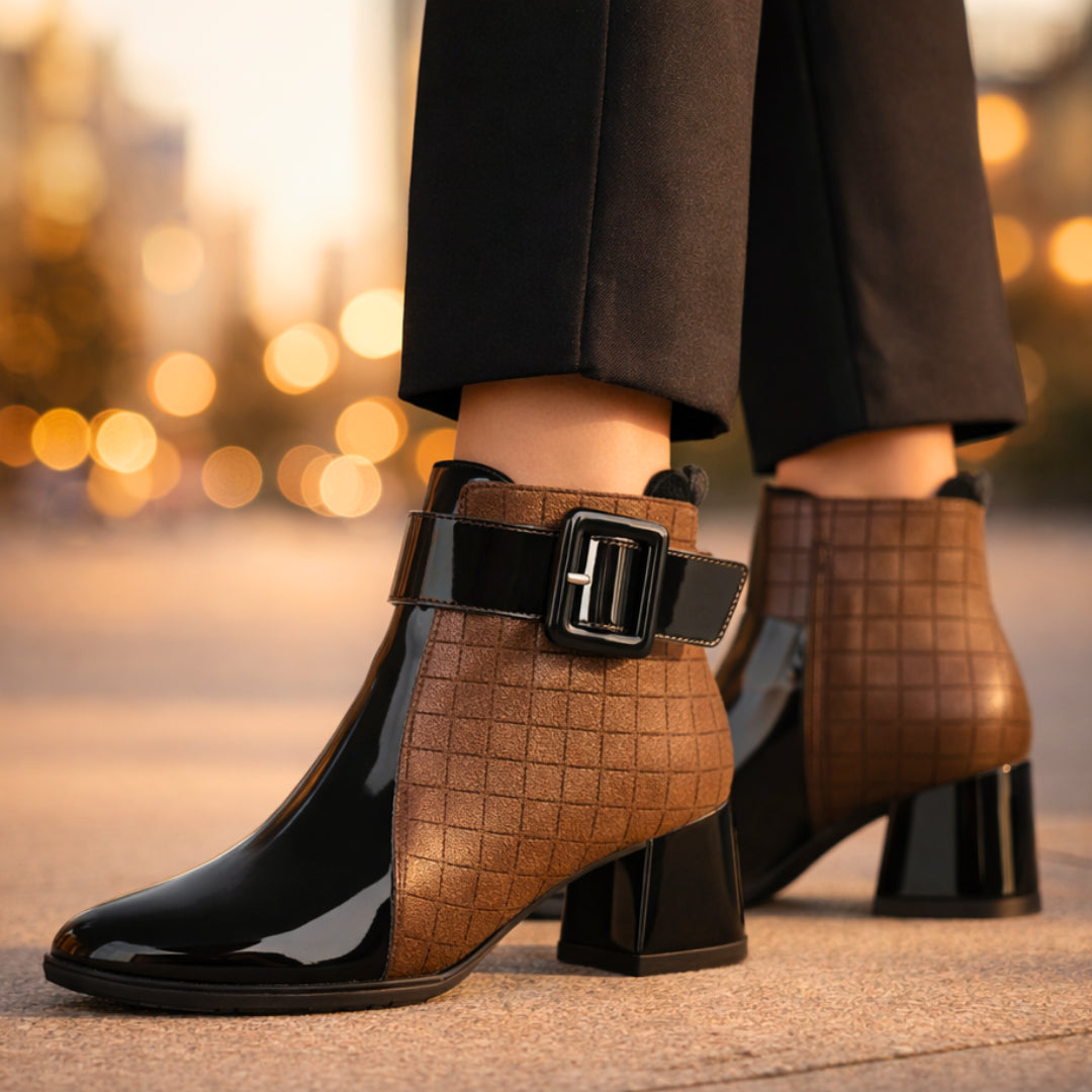 Side profile showing patent leather front and quilted texture detail