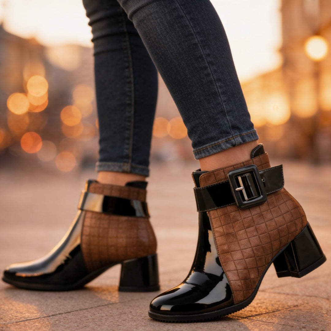 Back view of ankle boot showing quilted panel construction