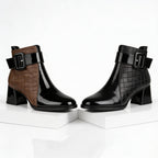 Three-quarter angle of boot highlighting patent and quilted contrast