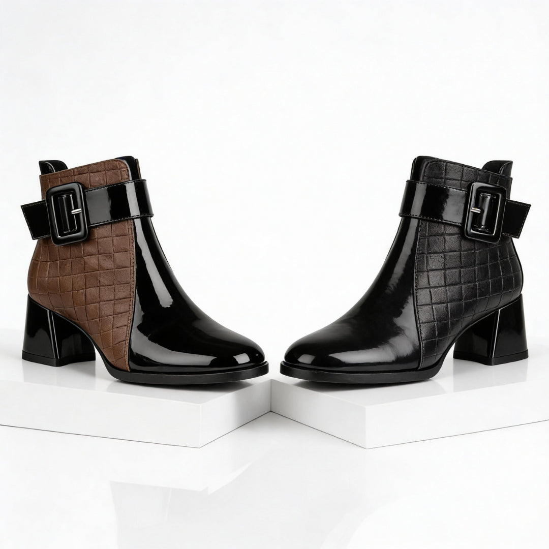 Three-quarter angle of boot highlighting patent and quilted contrast